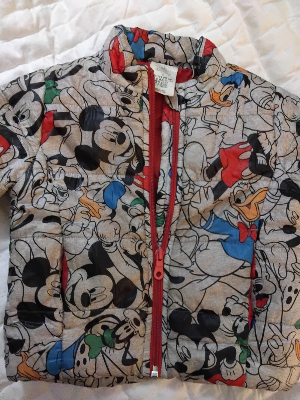 Disney Gray Quilted Puffer Jacket with Multicolor Character Print